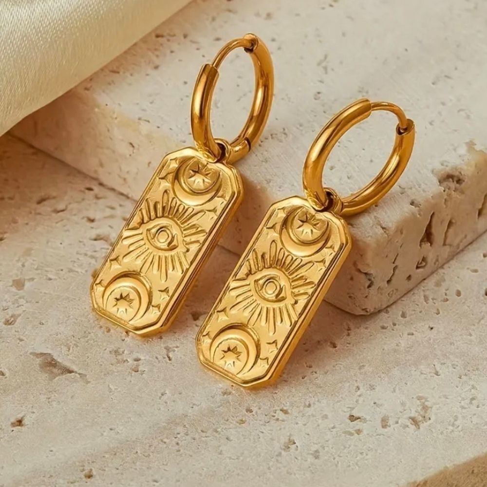 14K Gold Bohemian Evil Eye Tarot Card  Celestial Huggie Hoop Earrings